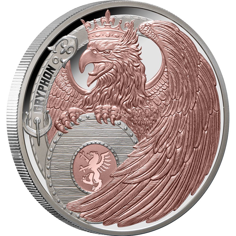 2024 $1 Heraldic Beasts - Gryphon Rose Gold - Plated 1oz Silver Proof Coin - Direct Coins