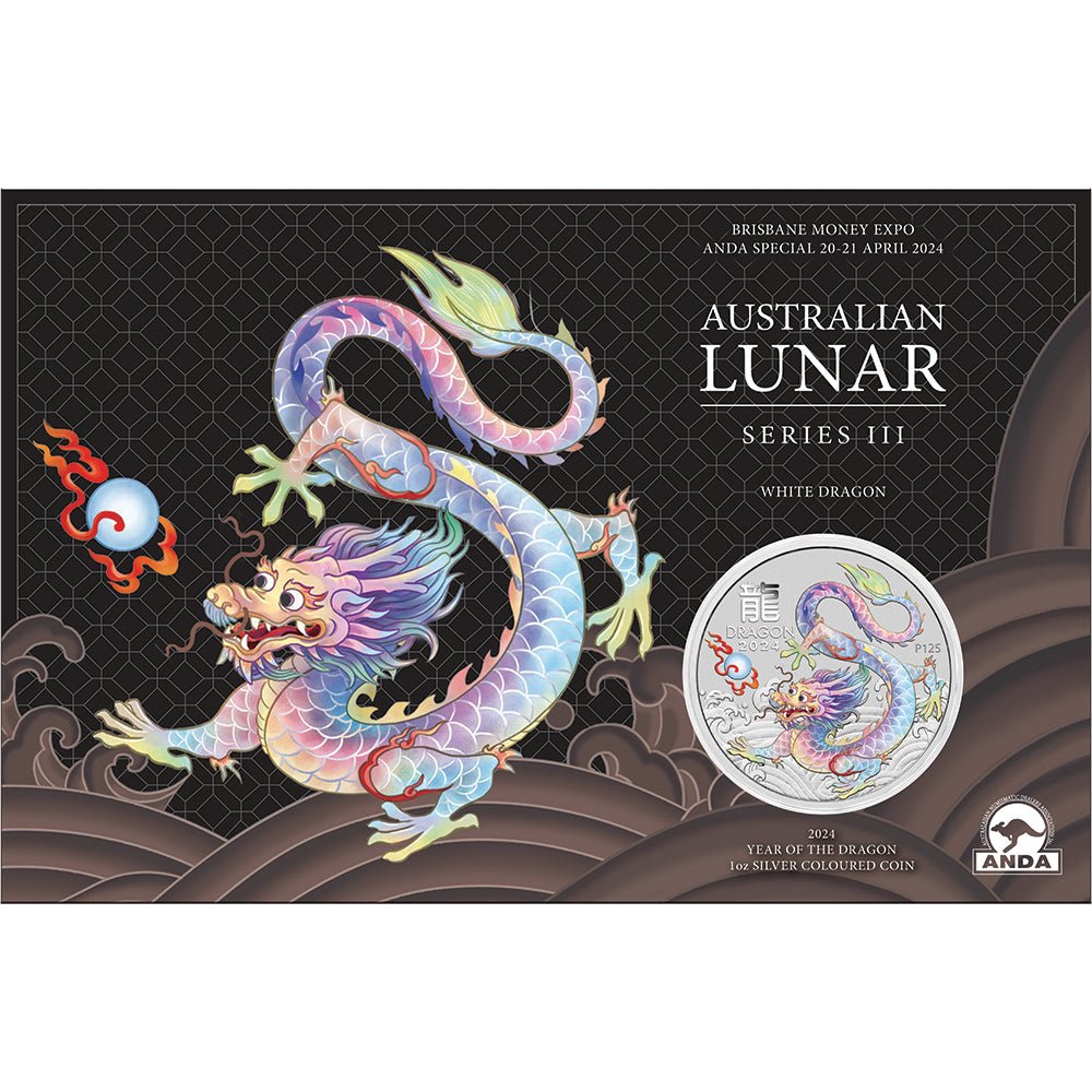 2024 ANDA Brisbane Year Of The Dragon - White Dragon 1oz Silver Coloured Coin In Card - Direct Coins