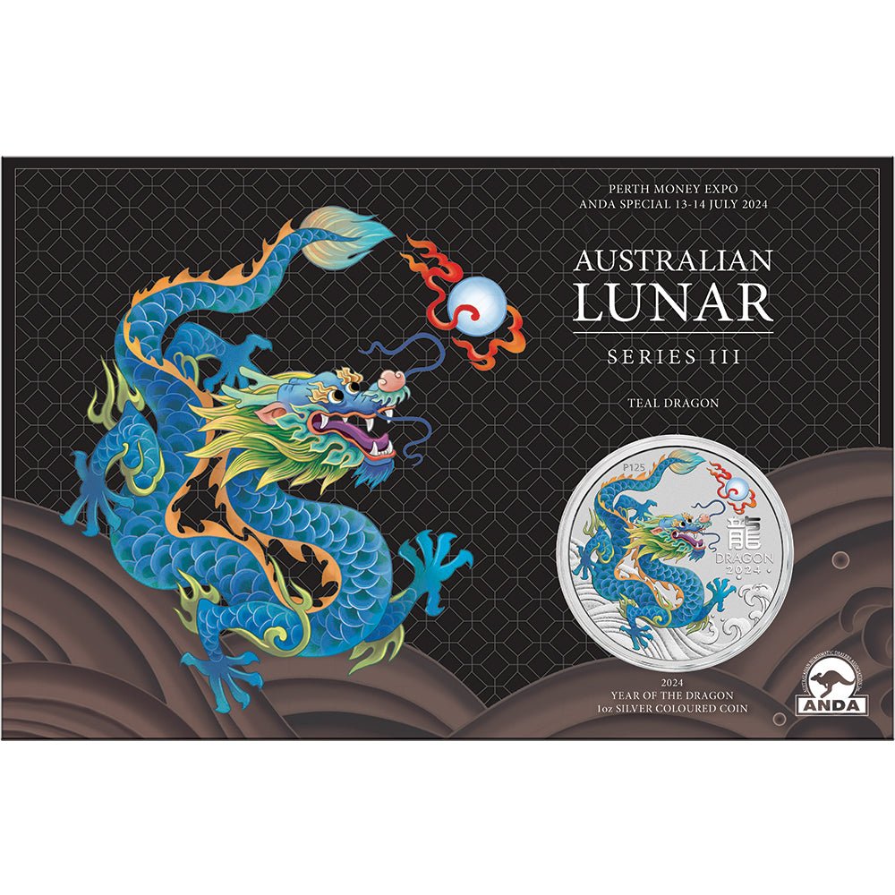 2024 ANDA Perth Year Of The Dragon - Teal Dragon 1oz Silver Coloured Coin In Card - Direct Coins