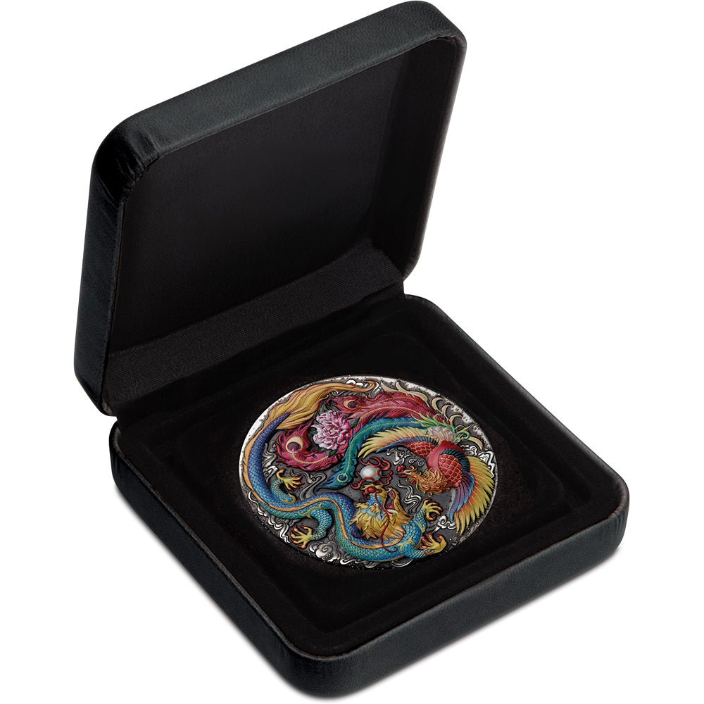 2024 Dragon & Phoenix 5oz Silver Antiqued Coloured Coin - Direct Coins