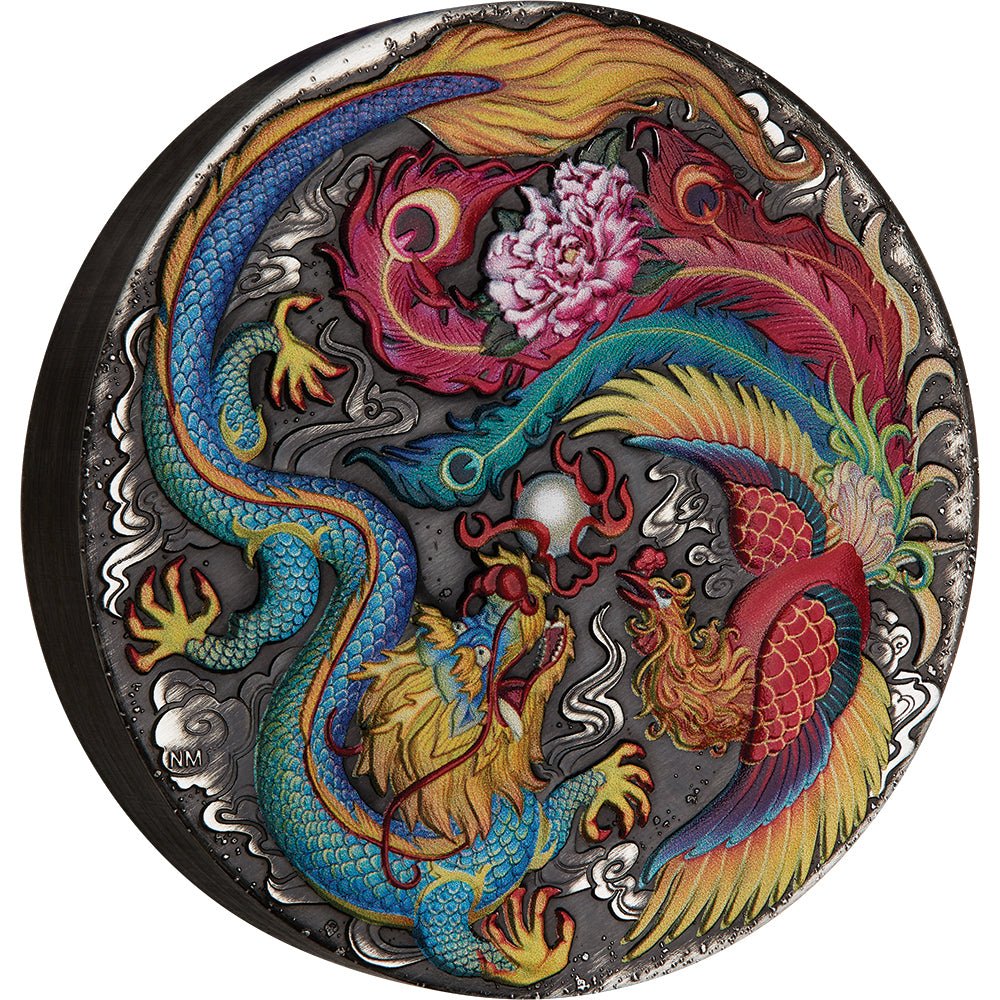2024 Dragon & Phoenix 5oz Silver Antiqued Coloured Coin - Direct Coins