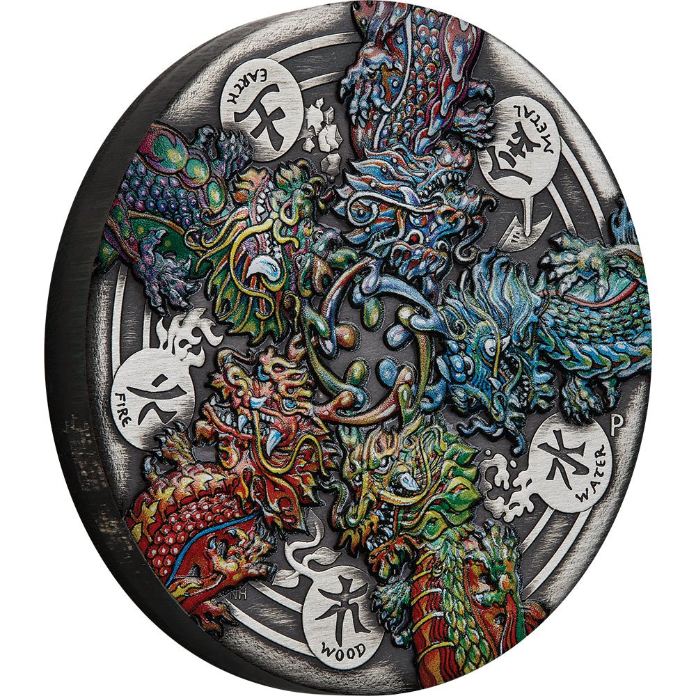2024 Dragon & The Five Elements 5oz Silver Antiqued Coloured Coin - Direct Coins