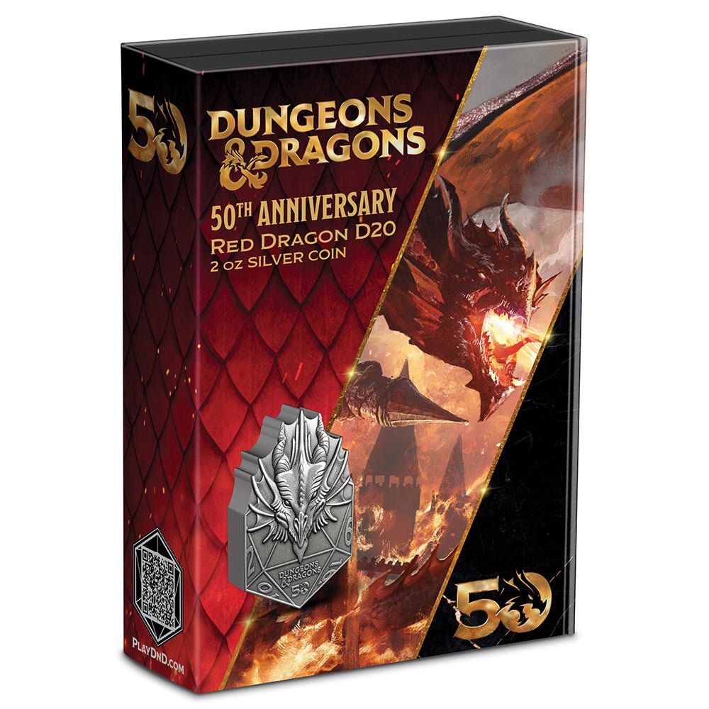 2024 Dungeons & Dragons 50th Anniversary - Red Dragon D20 2oz Silver Coin - Direct Coins