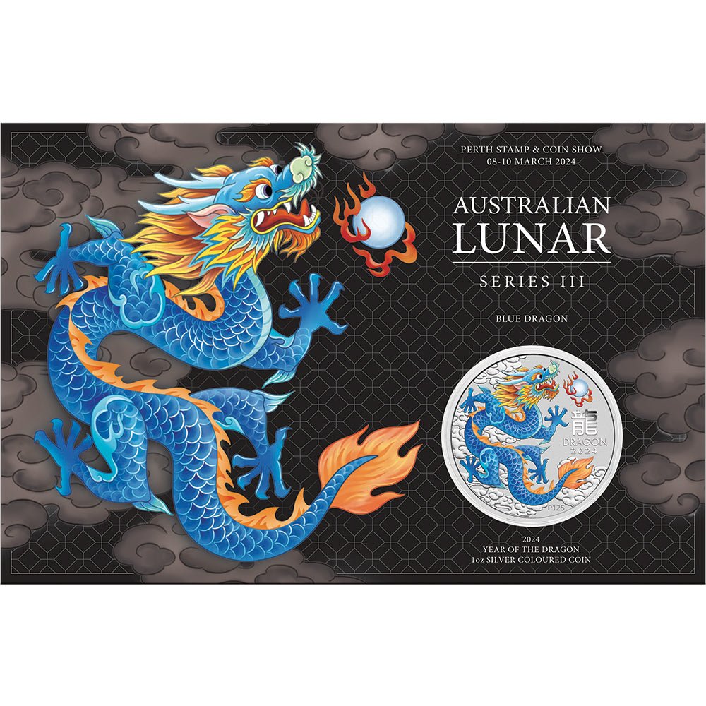 2024 Perth Stamp & Coin Show - Year Of The Dragon Blue Dragon 1oz Silver Coloured Coin - Direct Coins