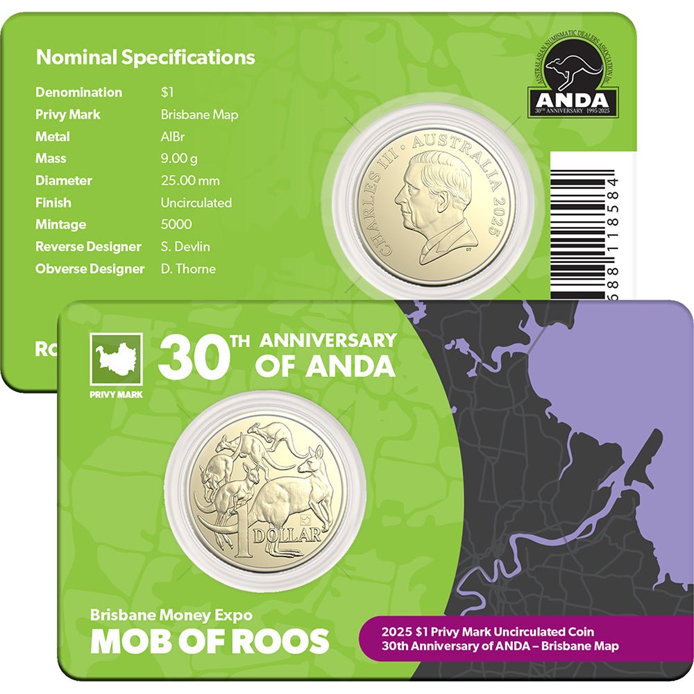 2025 $1 ANDA Brisbane Money Expo - Mob Of Roos Brisbane Privy Mark Uncirculated Coin - Direct Coins