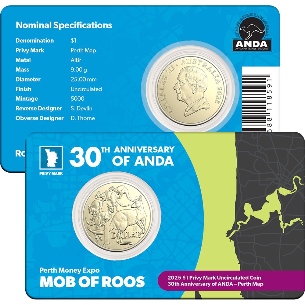 2025 $1 ANDA Perth Money Expo - Mob Of Roos Perth Privy Mark Uncirculated Coin Card