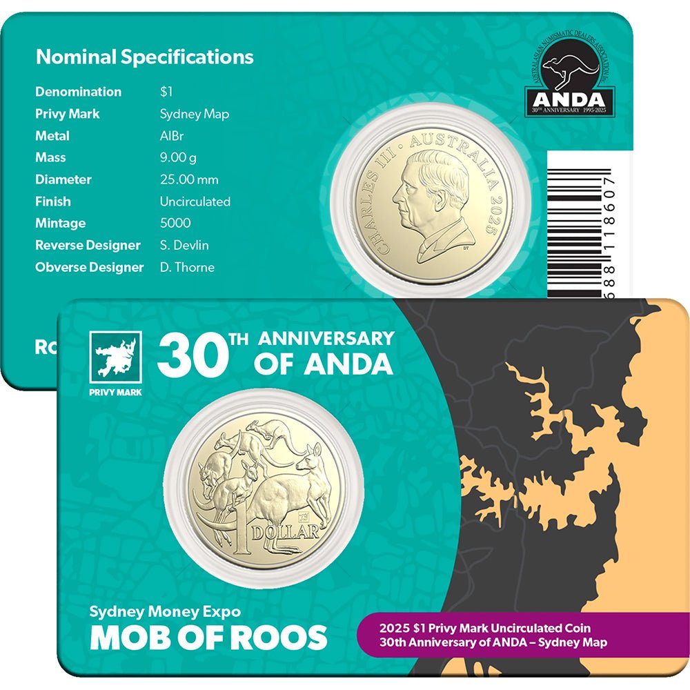 2025 $1 ANDA Sydney Money Expo - Mob Of Roos Sydney Privy Mark Uncirculated Coin Card