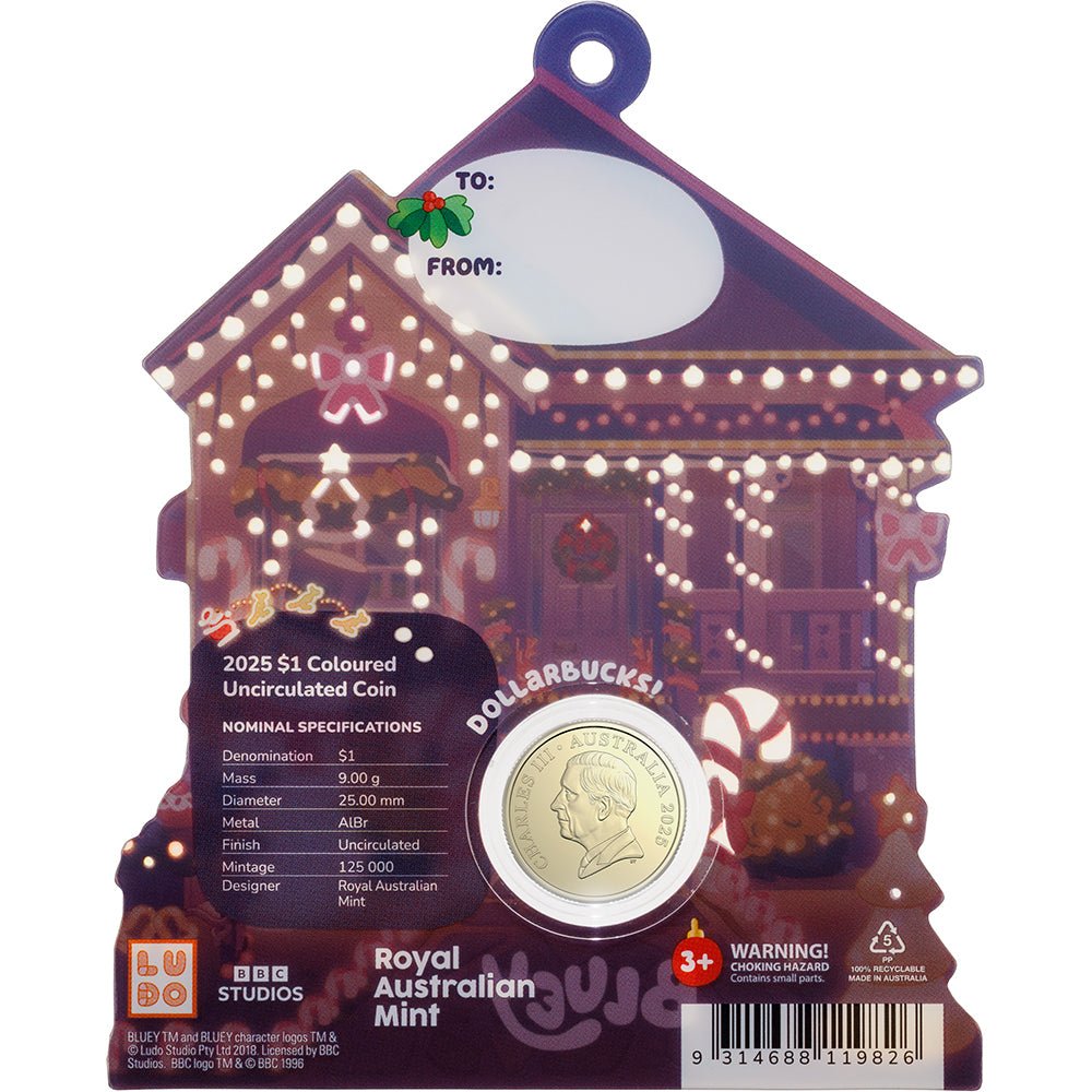 2025 $1 Bluey Christmas Coloured Uncirculated Coin Card Back