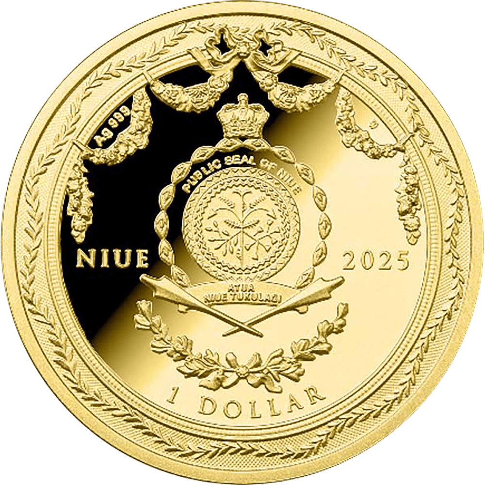 2025 $1 Faberge - Golden Table Clock 1oz Silver Gold-Plated Coin Obverse