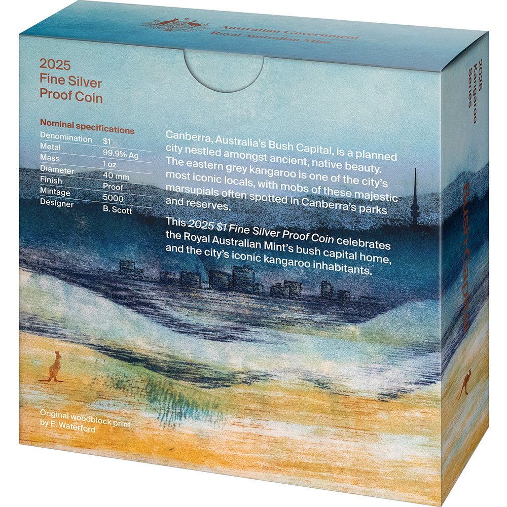 2025 $1 Kangaroo Series - Bush Capital 1oz Fine Silver Proof Coin Shipper Back