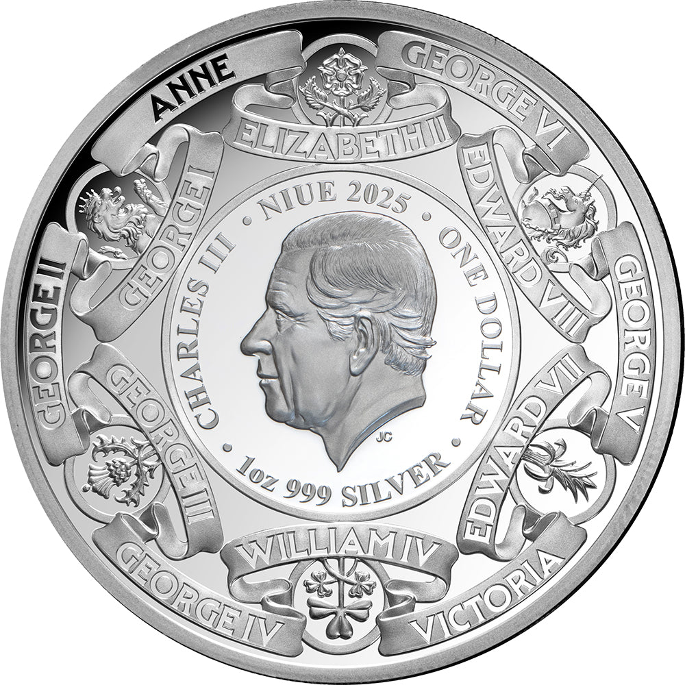 2025 $1 Monarchs Of Britain 1oz Gold Plated Silver Proof Coin Obverse