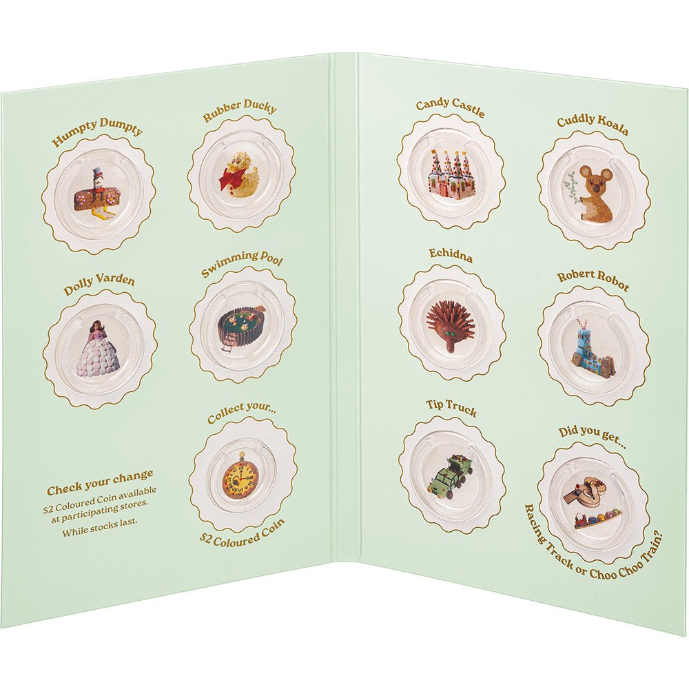 2025 $1 The Australian Women's Weekly Children's Birthday Cake Book Uncirculated Ten-Coin Collection Folder Open