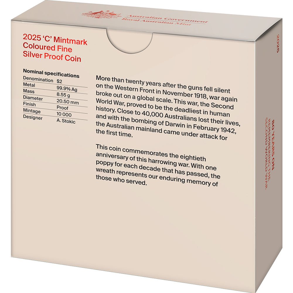 2025 $2 80 Years On: Remembering The Second World War ‘C’ Mintmark Coloured Fine Silver Proof Coin Shipper Back