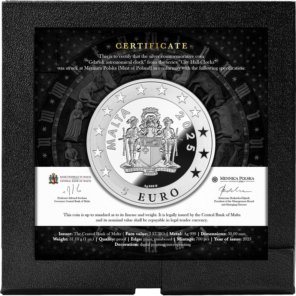 2025 €5 City Hall Clocks - Gdańsk Astronomical Clock 1oz Silver Coin Case 