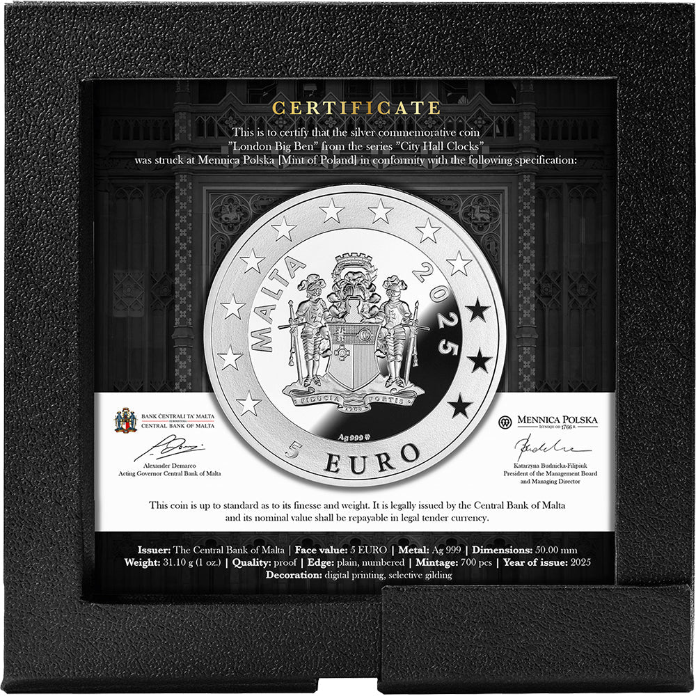 2025 €5 City Hall Clocks - London Big Ben 1oz Silver Proof Coin Case