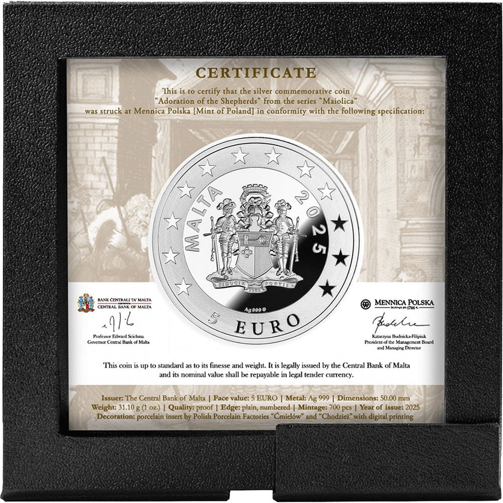 2025 €5 Maiolica - Adoration Of The Shepherds 1oz Silver Coin Case Back