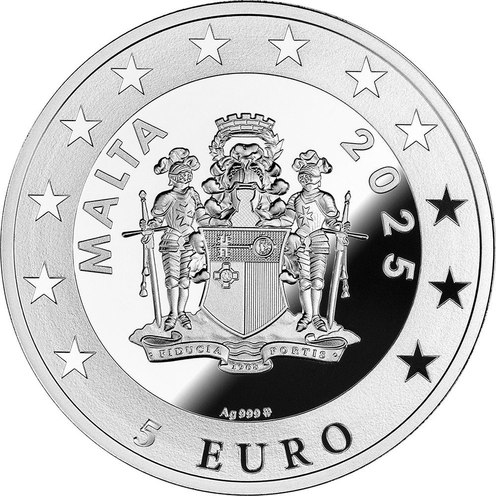 2025 €5 Maiolica - Venus & Cupid Swimming On Dolphins 1oz Silver Coin Obverse