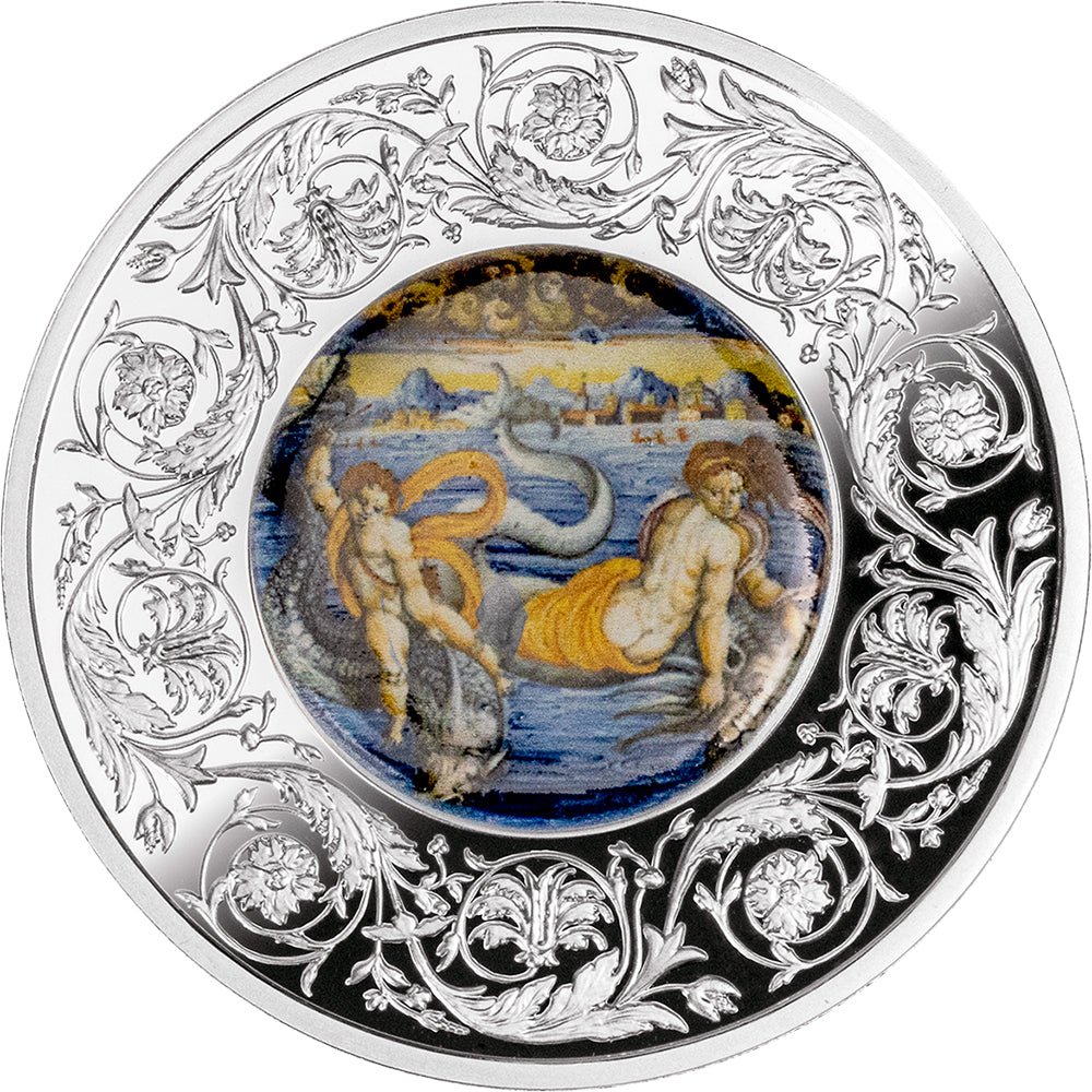 2025 €5 Maiolica - Venus & Cupid Swimming On Dolphins 1oz Silver Coin