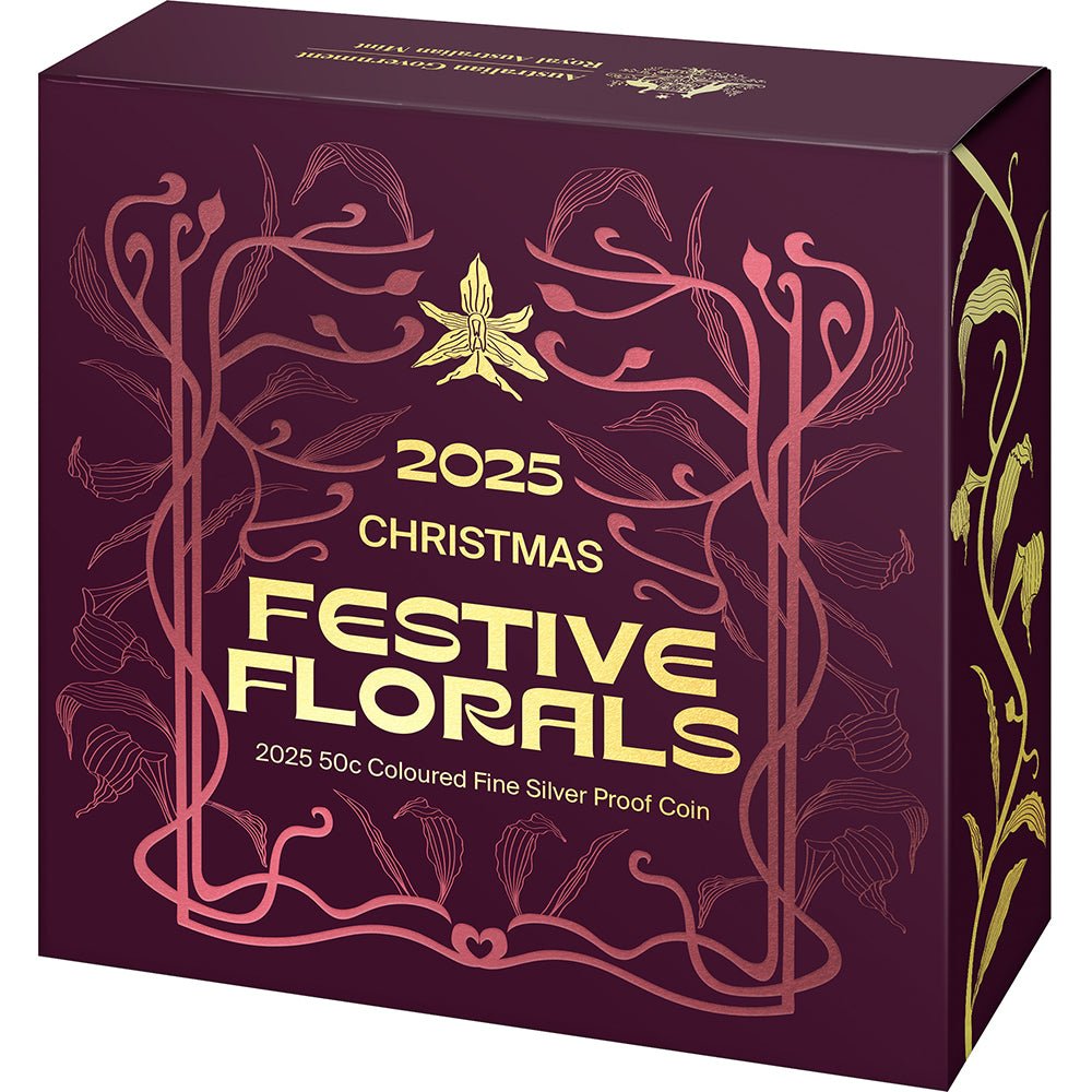 2025 50c Christmas Festive Florals Coloured Fine Silver Proof Coin Shipper