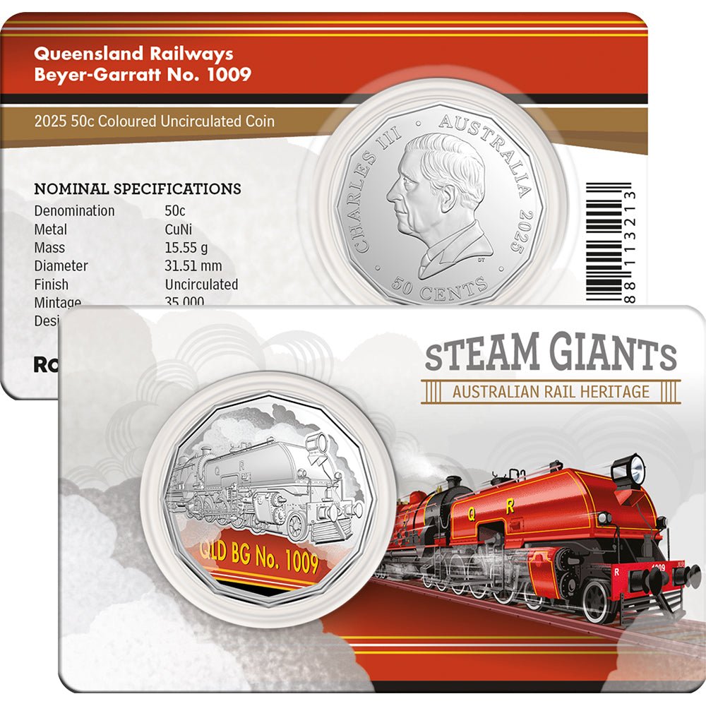 2025 50c Steam Giants - Queensland Railways Beyer-Garratt No. 1009 Coloured Uncirculated Coin In Card