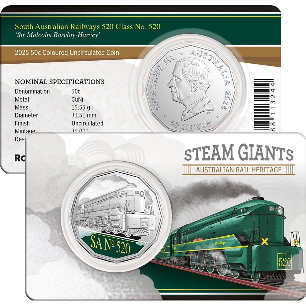 2025 50c Steam Giants - South Australian Railways 520 Class No. 520 'Sir Malcolm Barclay-Harvey' Coloured Uncirculated Coin In Card