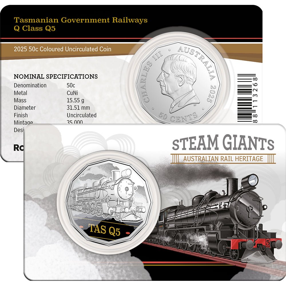 2025 50c Steam Giants - Tasmania’s Q Class Q5 Coloured Uncirculated Coin