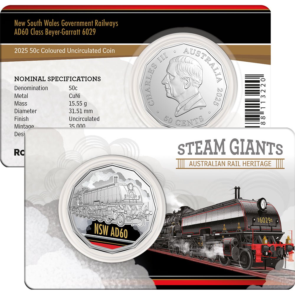 2025 50c Steam Giants - Tasmania’s Q Class Q5 Coloured Uncirculated Coin In Card