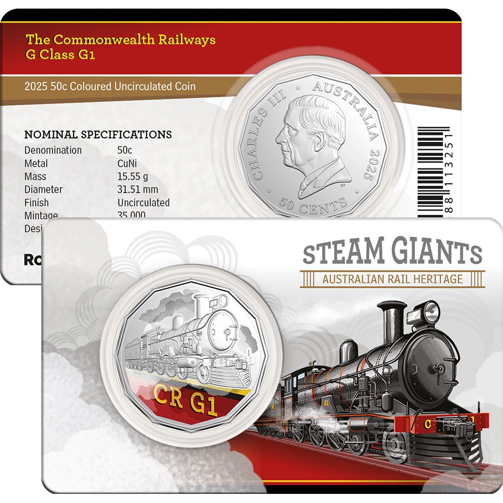 2025 50c Steam Giants - The Commonwealth Railways G Class G1 Coloured Uncirculated Coin In Card