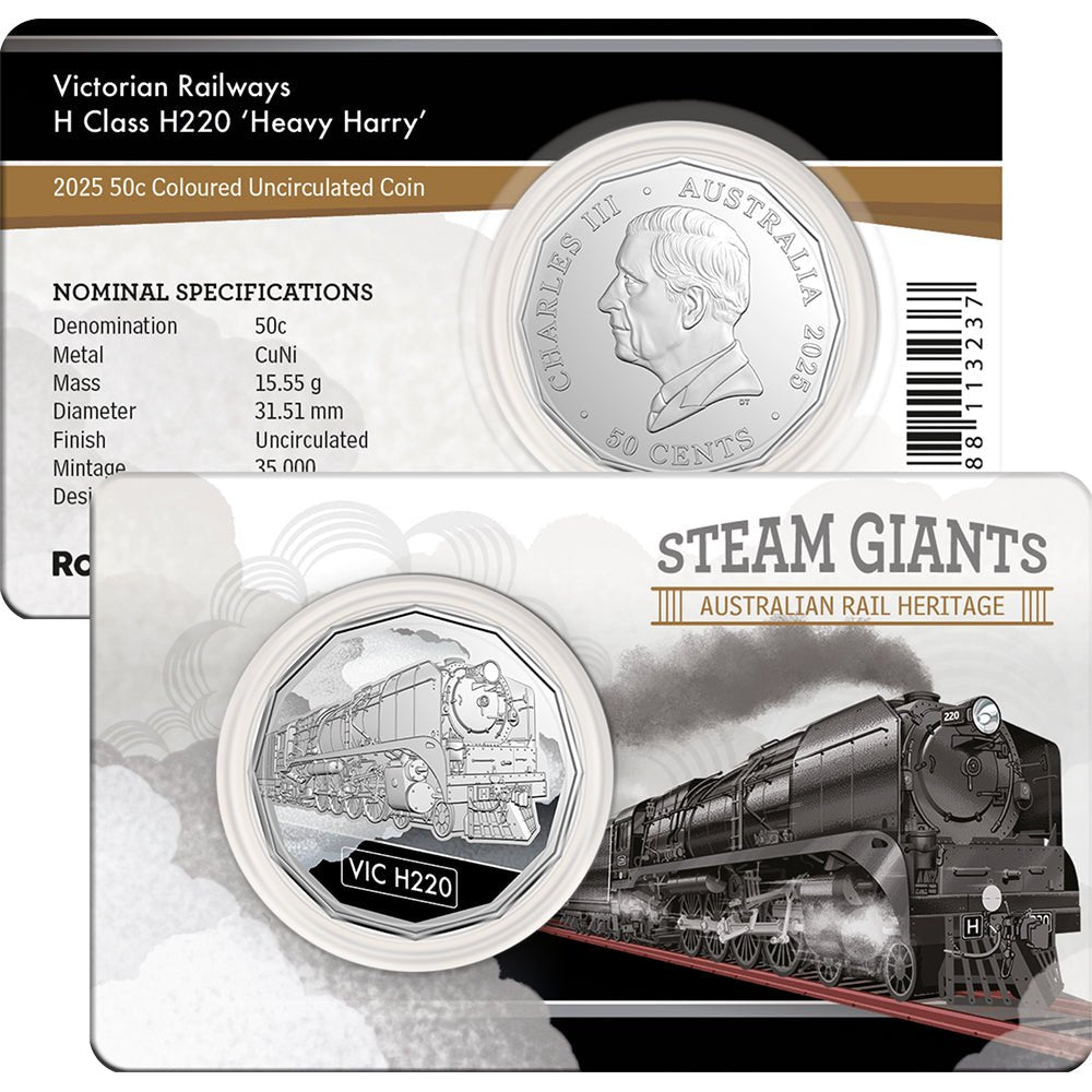 2025 50c Steam Giants - Victorian Railways H Class H220 ‘Heavy Harry’ Coloured Uncirculated Coin In Card