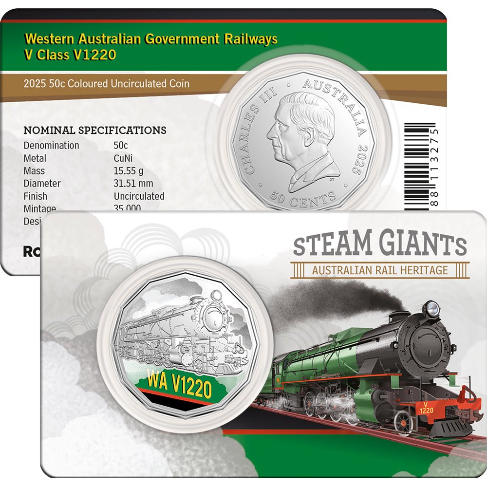 2025 50c Steam Giants - Western Australia’s V Class V1220 Coloured Uncirculated Coin In Card