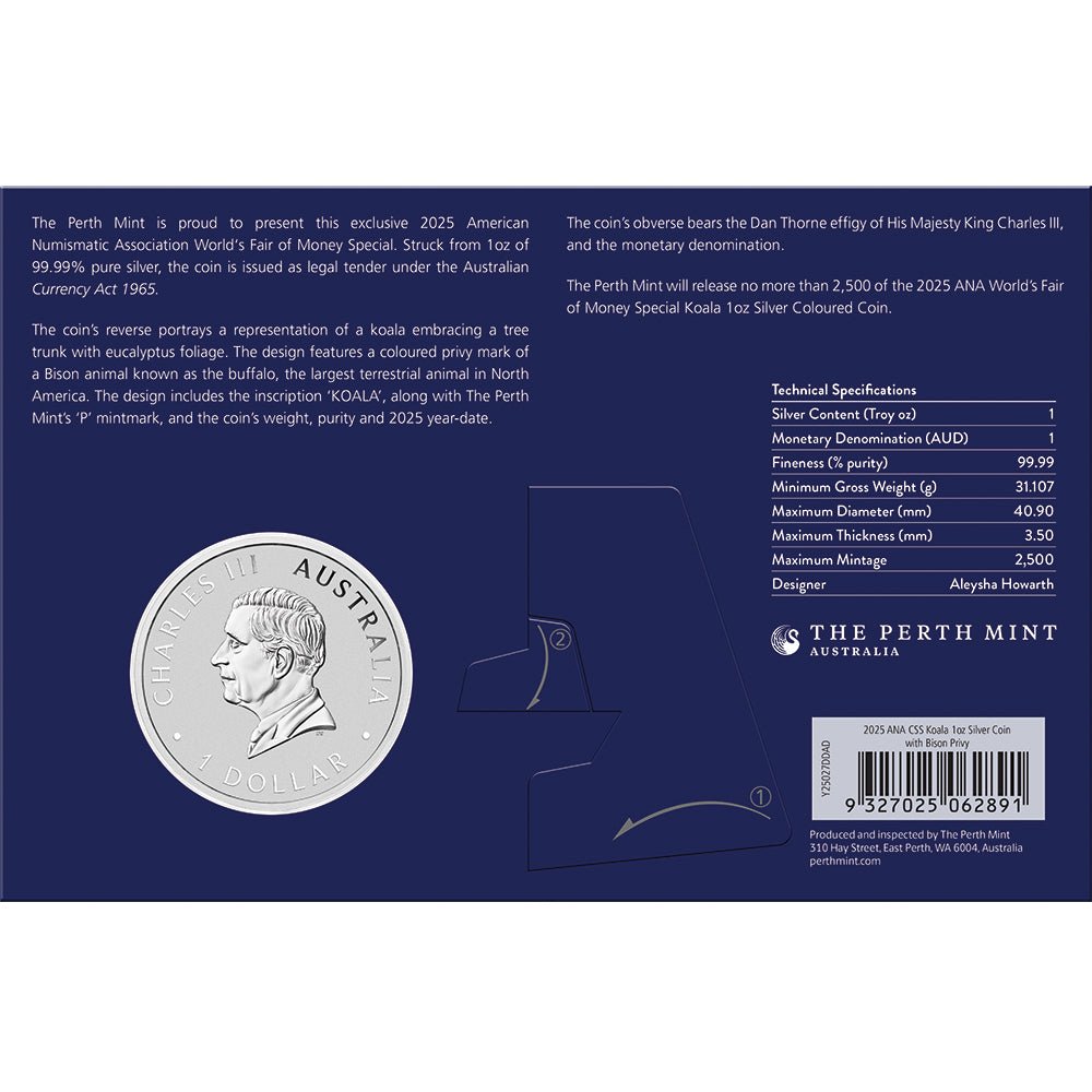 2025 ANA Coin Show Special - Koala With Bison Privy 1oz Silver Coloured Coin Card Back