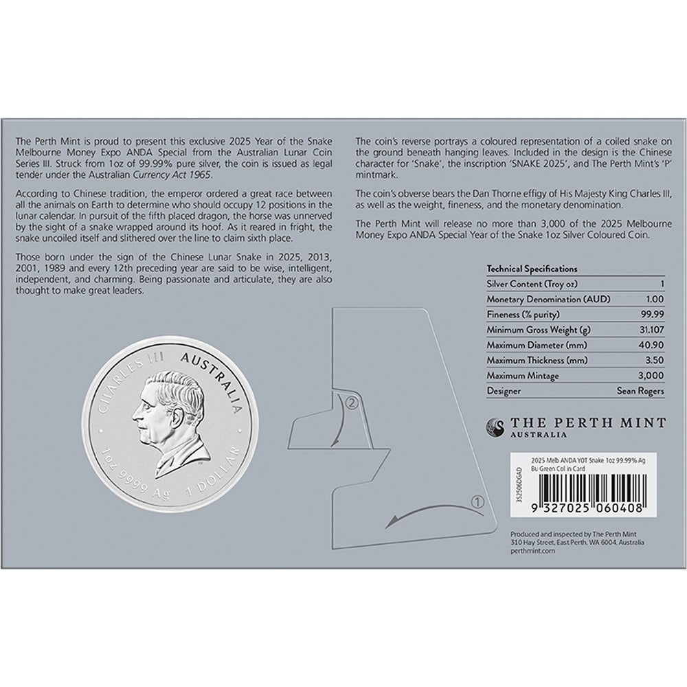 2025 ANDA Melbourne Money Expo - Year Of The Snake 1oz Silver Coloured Coin In Card - Direct Coins