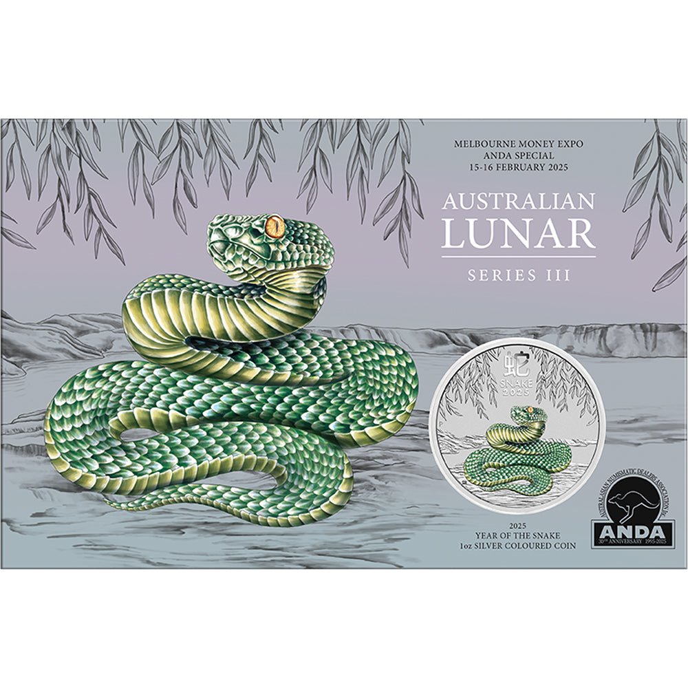 2025 ANDA Melbourne Money Expo - Year Of The Snake 1oz Silver Coloured Coin In Card - Direct Coins