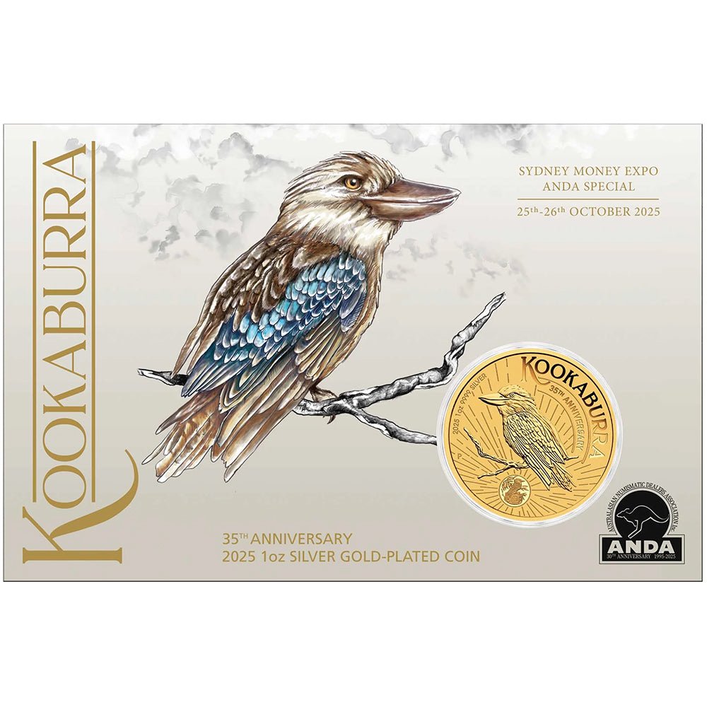 2025 ANDA Sydney - 35th Anniversary Of The Kookaburra 1oz Silver Gold-Plated Coin In Card