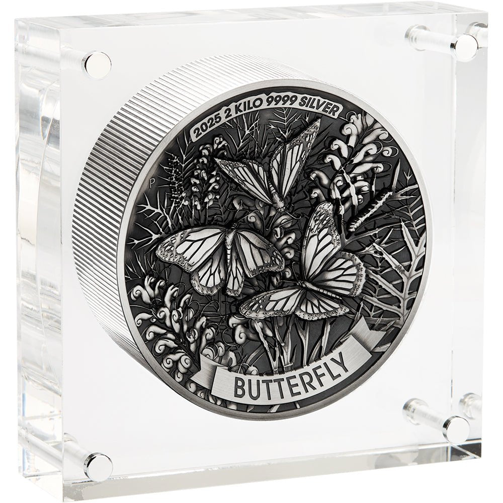 2025 Butterfly 2 Kilo Silver Antiqued High Relief Coin Perspex