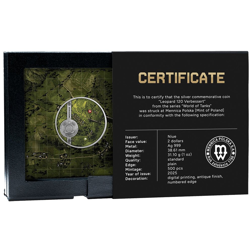 2025 Leopard 120 Verbessert - World Of Tanks 1oz Silver Antique Coin Shipper Back