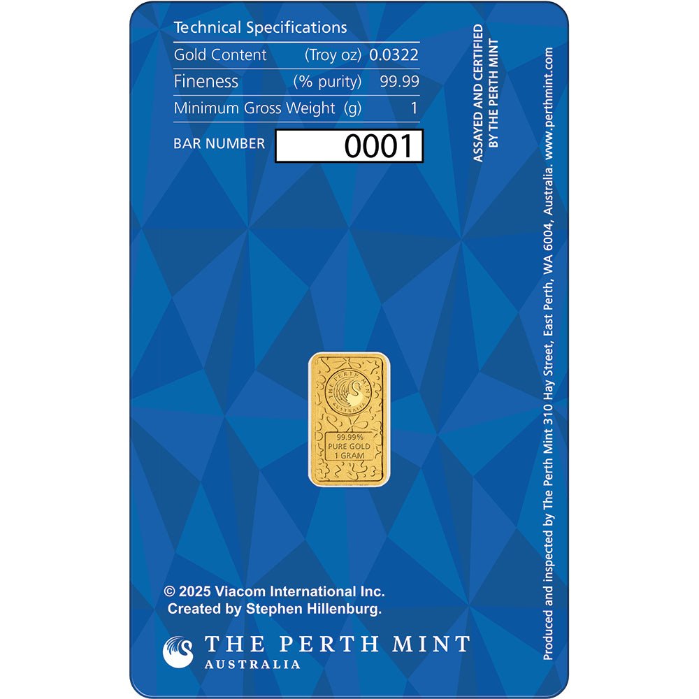 2025 SpongeBob SquarePants 1g Gold Minted Bar Card Back