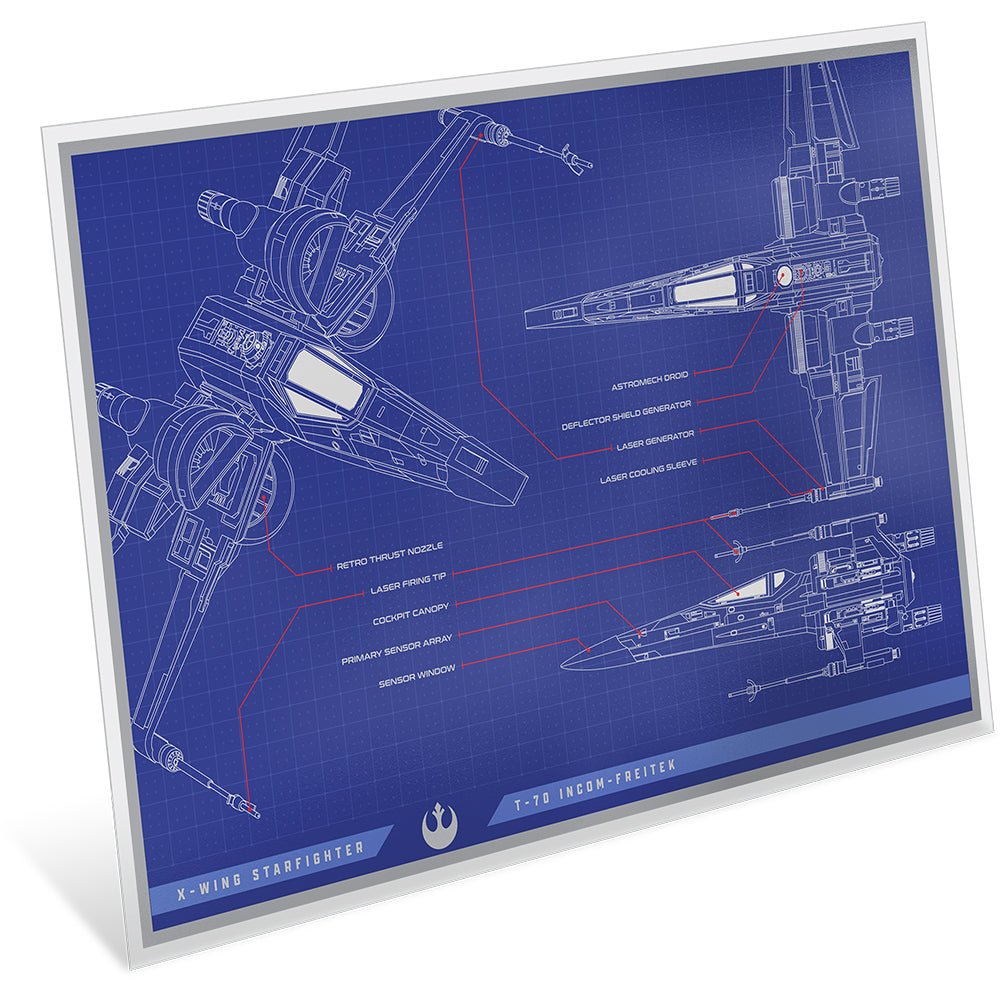 2025 Star Wars™ X-Wing T-70™ Blueprint 1oz Silver Foil Angle