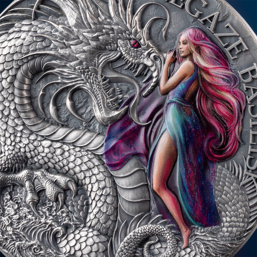 2025 Stonegaze Basilisk 2oz Silver Antique Coin Detail