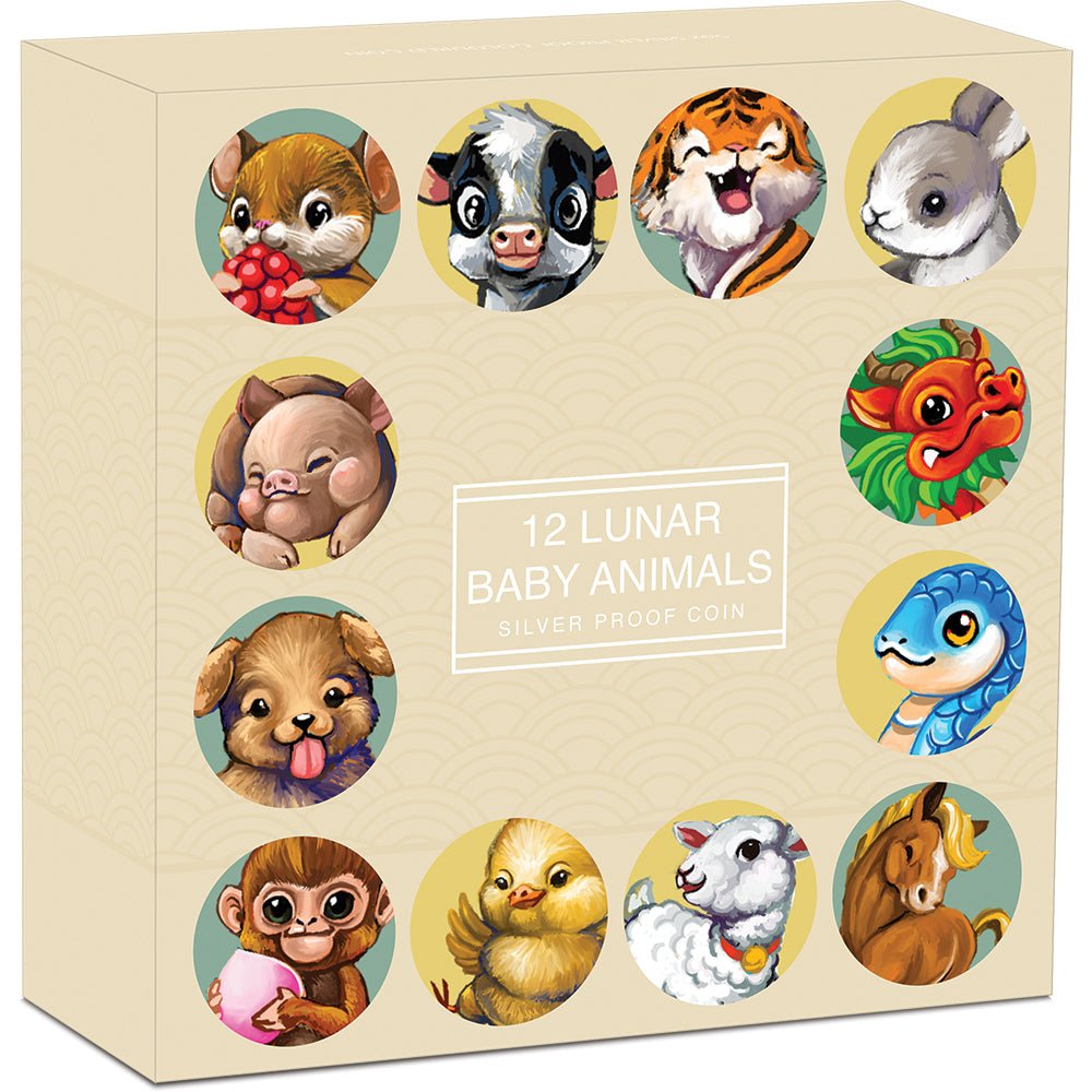 2025 Twelve Baby Lunar Animals 5oz Silver Antiqued Coloured Coin Shipper