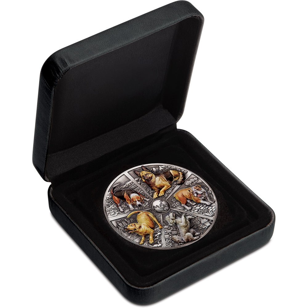 2025 World Popular Dogs 5oz Silver Antiqued High Relief Coloured Coin Case