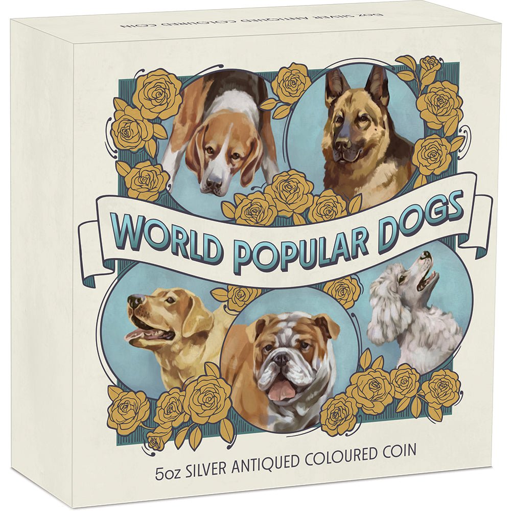 2025 World Popular Dogs 5oz Silver Antiqued High Relief Coloured Coin Shipper