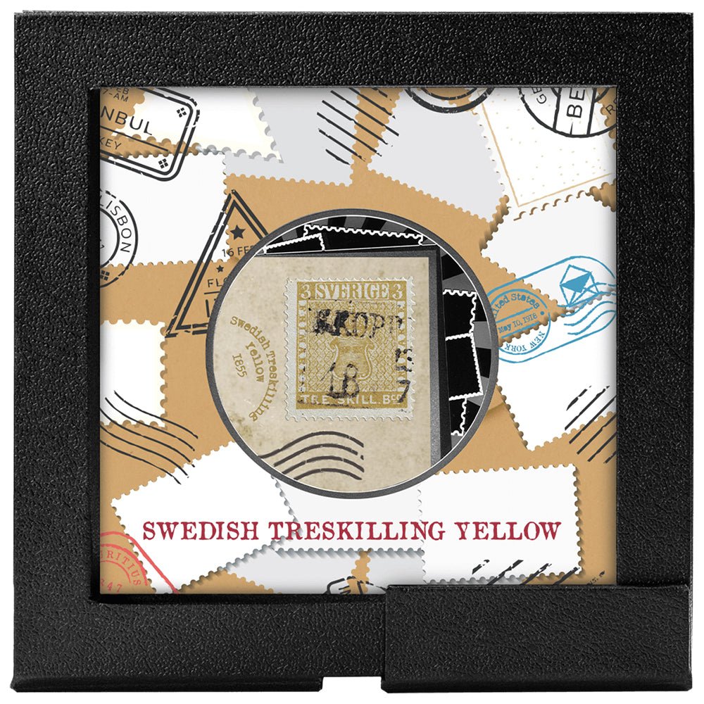 2025 World's Most Expensive Stamps - Swedish Treskilling Yellow Silver Proof Coin Case