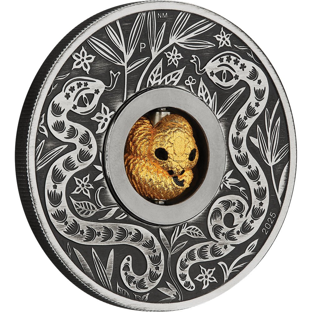 2025 Year Of The Snake Rotating Charm 1oz Silver Antiqued Coin - Direct Coins