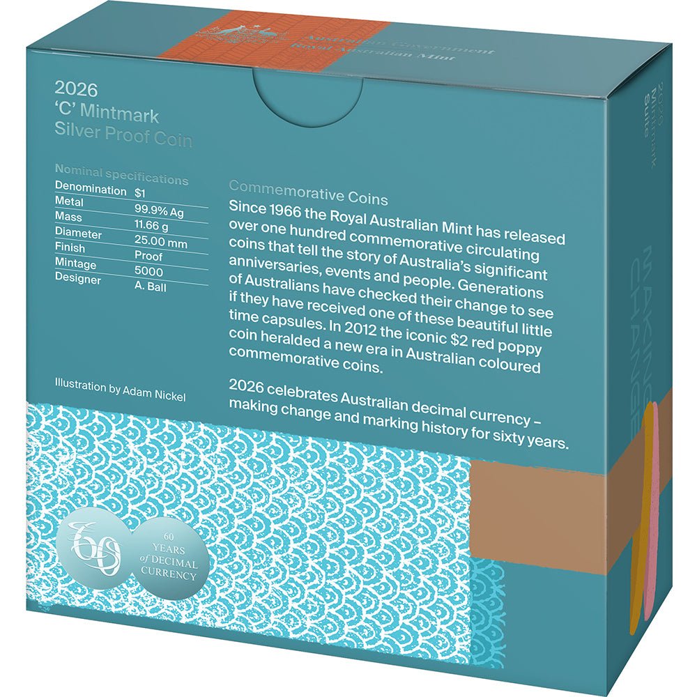 2026 $1 60th Anniversary Of Decimal Currency ‘C’ Mintmark Fine Silver Proof Coin Shipper Back