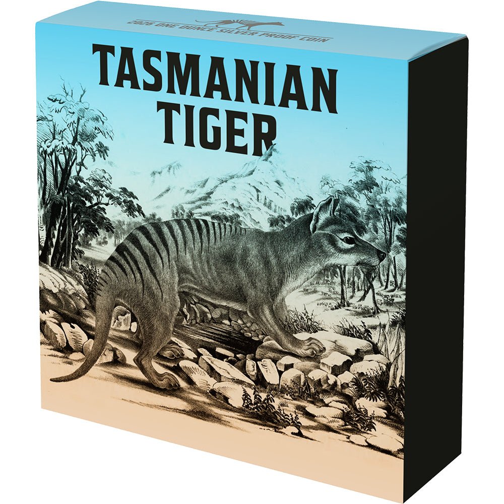 2026 $1 Tasmanian Tiger Gold-Plated 1oz Silver Black Proof Coin Shipper