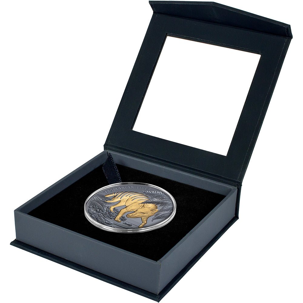 2026 $1 Tasmanian Tiger Gold-Plated 1oz Silver Black Proof Coin Case