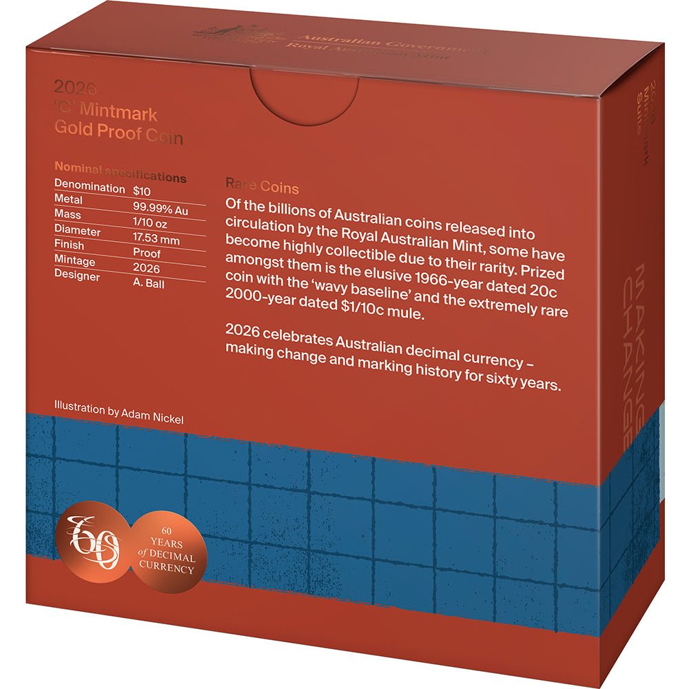 2026 $10 60th Anniversary Of Decimal Currency ‘C’ Mintmark Proof Coin Shipper Back