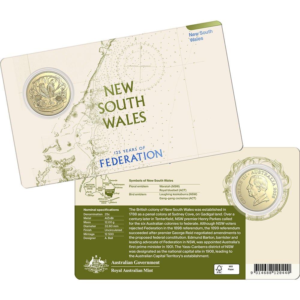 2026 25c 125 Years Of Federation – NSW Uncirculated Coin In Card