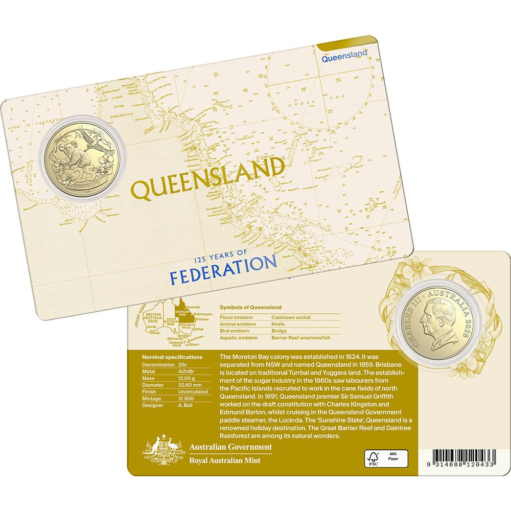 2026 25c 125 Years Of Federation – QLD Uncirculated Coin In Card